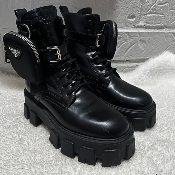 Prada Monolith Leather and Re- Nylon Combat Boots Size 37 - Picture 2 of 16